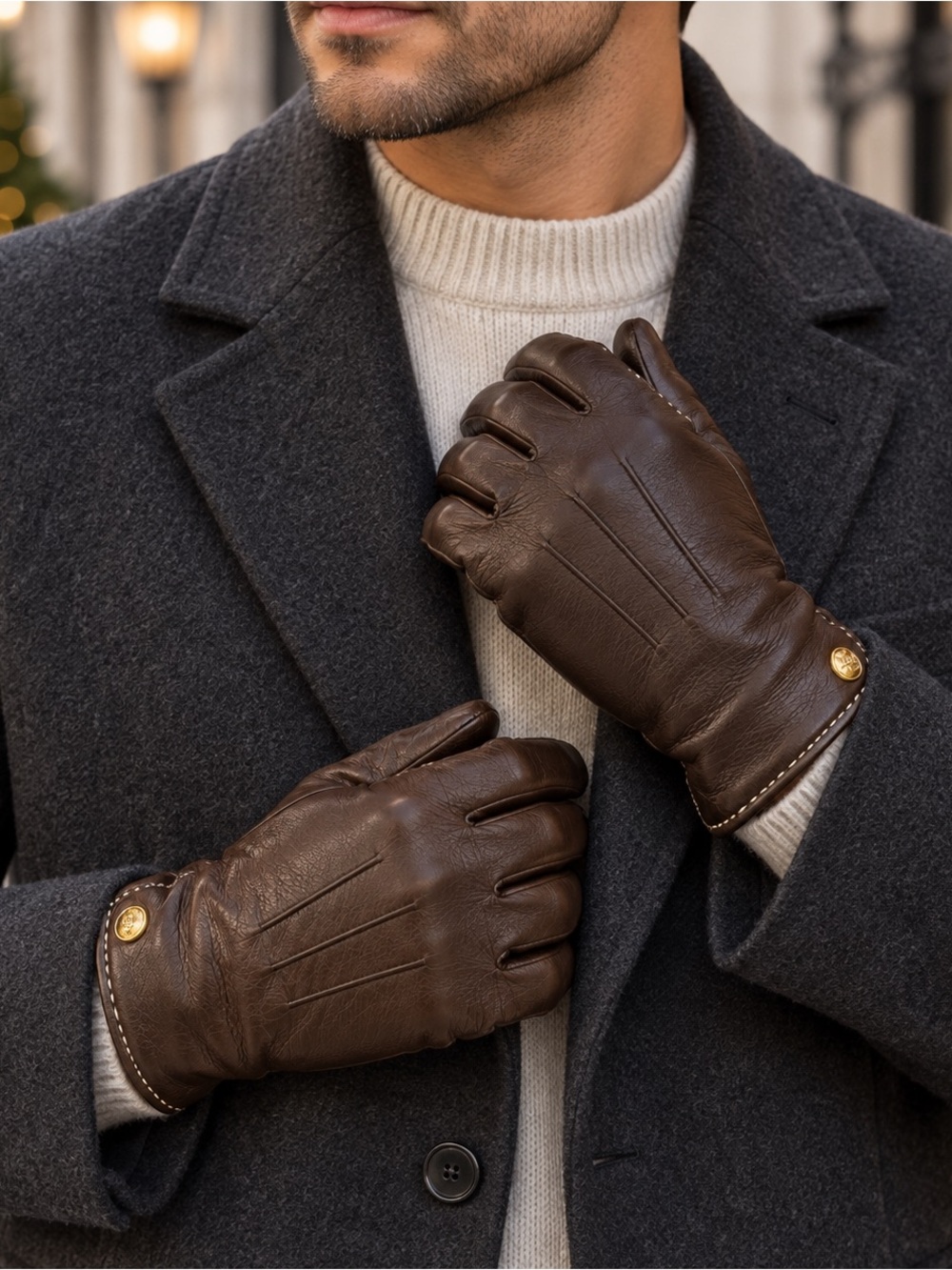 Coach Men’s Teak Brown Leather Cashmere Lined Gloves Size 8 NWT